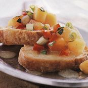 Bruschetta with Peach Salsa and Melted Brie