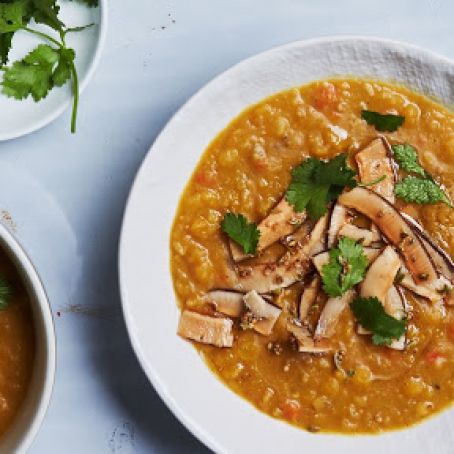 Curried Yellow Split Pea Soup with Spiced Coconut