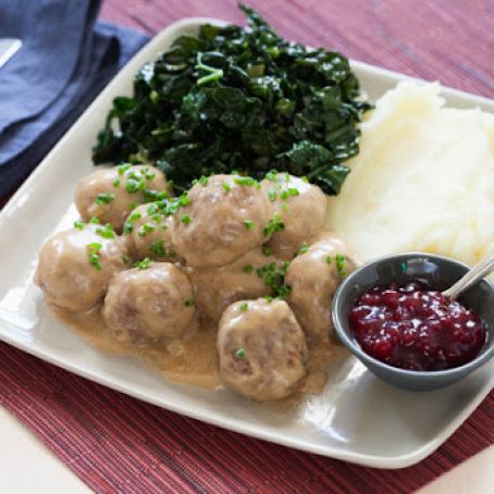 Swedish Meatballs & Braised Kalewith Lingonberry Jam & Creamy Mashed Potatoes