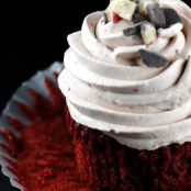 Peppermint Bark Red Velvet Cupcake with Hot Chocolate Whipped Cream Frosting