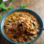 Queso Crockpot Chicken Chili with Roasted Corn and Jalapeño