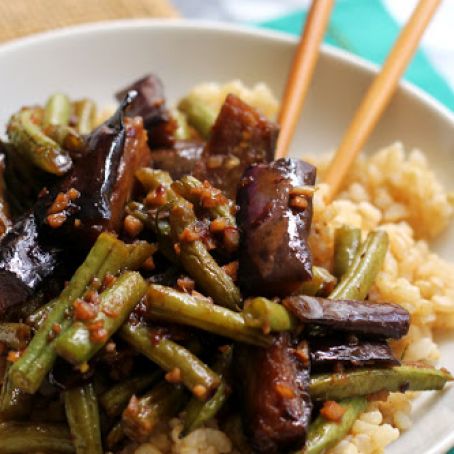 Szechuan Spicy Garlic Eggplant and String Bean Stir Fry