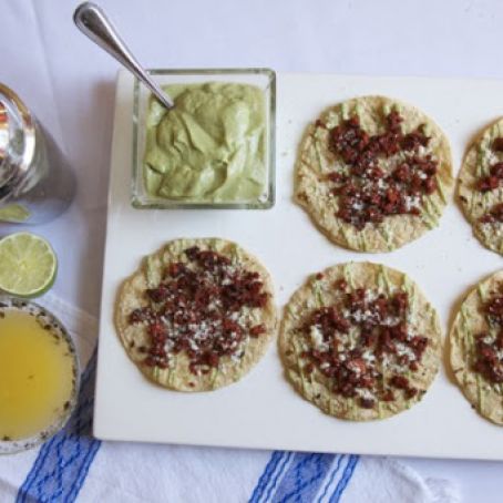 Rick Bayless | “Almost Oaxacan” Grilled Tostadas with Chorizo, Tangy Guacamole and Fresh Cheese