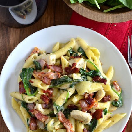 Chicken, Bacon, and Artichoke Pasta with Creamy Garlic Sauce - Iowa Girl Eats