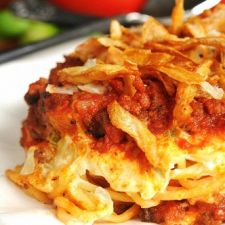 Spaghetti Casserole topped with French Fried Onions