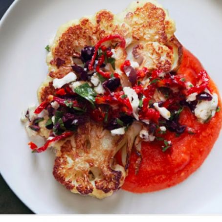 Cauliflower Steaks with Olive Relish and Tomato Sauce