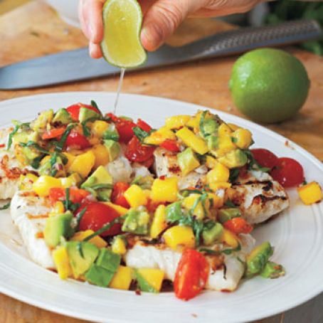 Fish: Grilled Halibut with Mango-Avocado Salsa