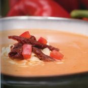 Red Pepper Soup with Sun Dried Tomatoes & Swiss Cheese