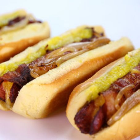 Michael Symon's Bacon Fried Stuffed Hot Dogs