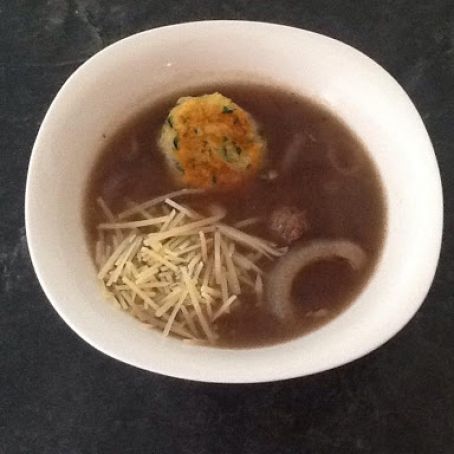 Gingered Onion and Beef Soup with French Bread Dumplings