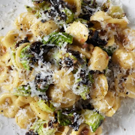 Orecchiette Carbonara with Charred Brussels Sprouts