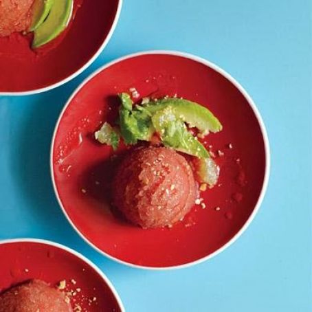 AVOCADO w/SAVORY TOMATO SORBET