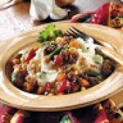 Ground Beef Stew over Garlic Mashed Potatoes
