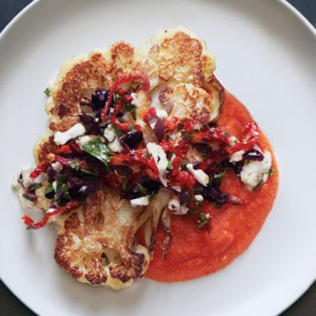 Cauliflower Steaks with Olive Relish and Tomato Sauce