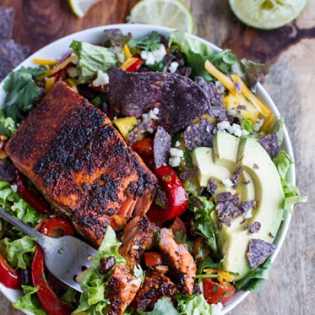 Chile Lime Salmon Fajita Salad with Cilantro Lime Vinaigrette.