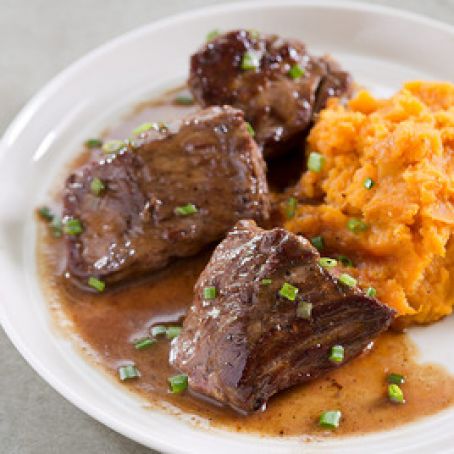 Bourbon-Butter Steak Tips with Maple Mashed Sweet Potatoes