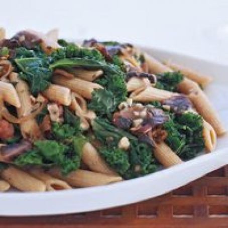 Whole Wheat Penne with Mushrooms, Kale and Hazelnut Gravy