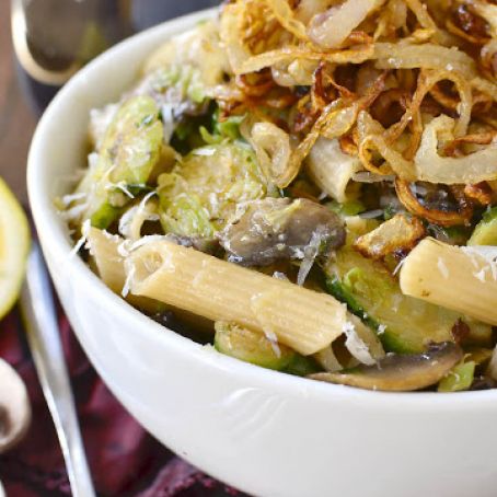 Mushroom and Brussels Sprouts Penne with Crispy Fried Shallots
