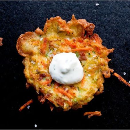 ZUCCHINI & CARROT FRITTERS w/MINT & YOGURT