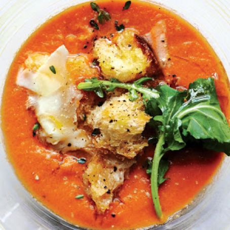 Tomato Soup with Arugula, Croutons, and Pecorino