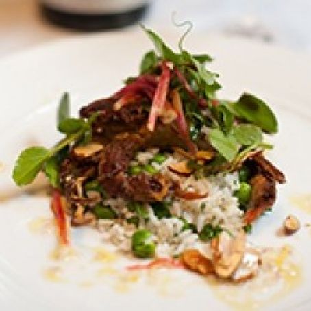 Pan Fried Soft Shell Crab, Green Pea Pirlou, and Pea Shoot Salad