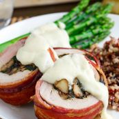 Bacon Wrapped, Mushroom and Spinach Stuffed Pork Tenderloin in a Creamy Dijon Goat Cheese Sauce on Closet Cooking