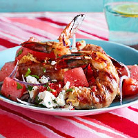 Prosciutto-Wrapped Shrimp with Watermelon-Tomato Salad