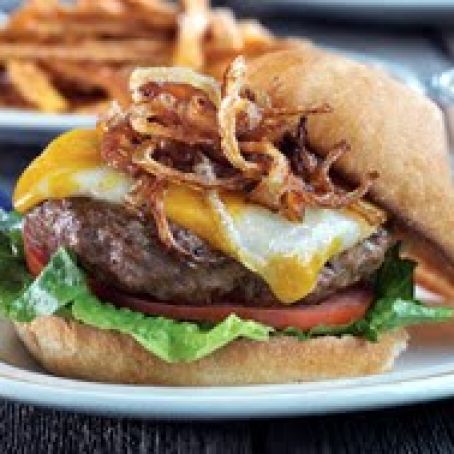 Diner Burgers with Cheddar, Frizzled Onions & Smoky Sweet Potato Straws