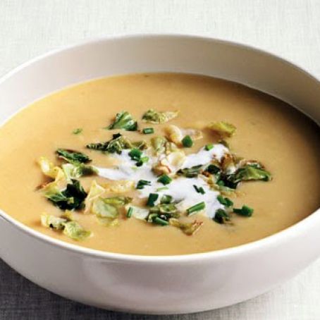 Potato, Green Cabbage, and Leek Soup with Lemon Crème Fraîche