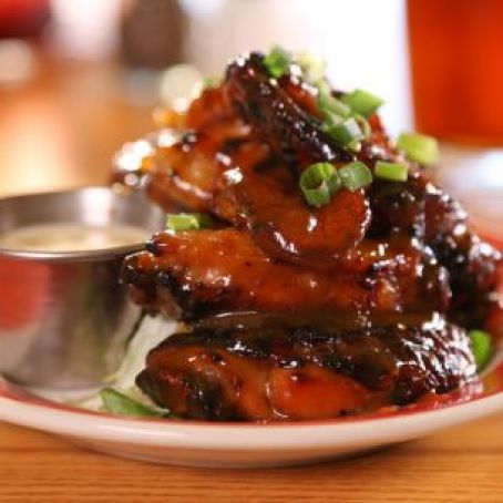Banana-Garlic Chicken Wings with Tropical Creme Dipping Sauce and Sweet Plantains