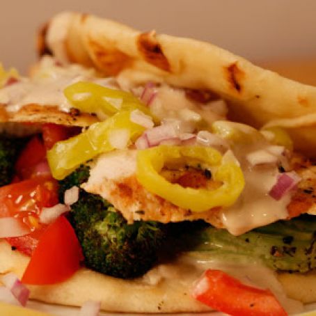 Grilled or Roasted Broccoli and Sliced Chicken Pitas with Tahini Sauce