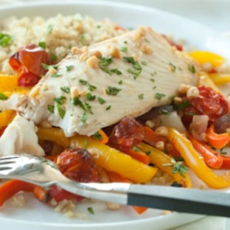Roasted Fish and Veggies with Quinoa and Pine Nuts