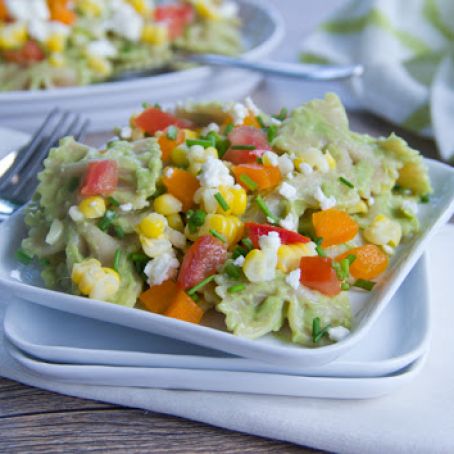 Corn, Feta, and Chive Pasta Salad with Avocado Dressing