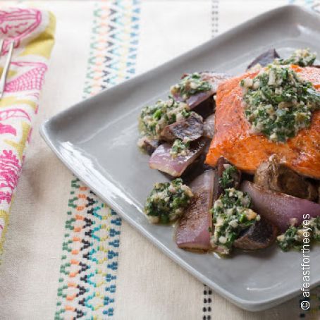 Seared Salmon & Spinach-Walnut Pesto with Purple Potato & Red Onion Hash