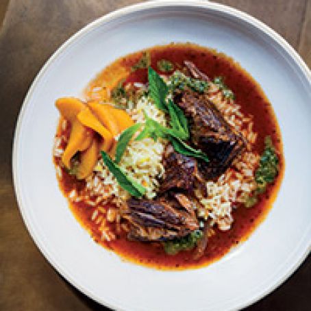 Red Wine-Braised Lamb with Saffron Rice, Mint Pistou and Pickled Peaches