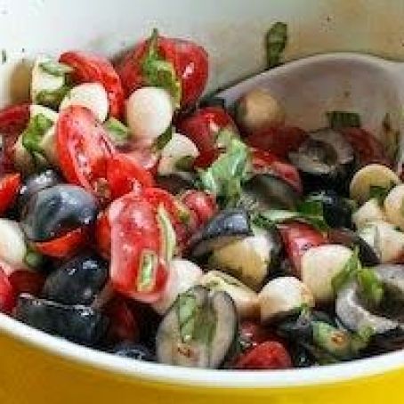 Tomato, Olive, and Fresh Mozzarella Salad with Basil Vinaigrette