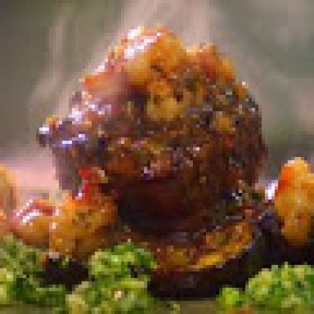 Grilled Steak with Black Bean Shrimp, Roasted Eggplant and Broccoli Dust