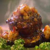 Grilled Steak with Black Bean Shrimp, Roasted Eggplant and Broccoli Dust