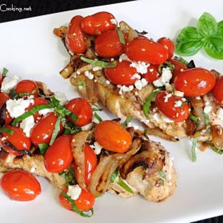 CHICKEN BREASTS WITH TOMATOES, CARAMELIZED ONIONS, AND FETA CHEESE
