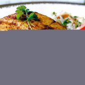 Roasted Halibut with Tomato Curry Sauce and Cauliflower Rice Pilaf