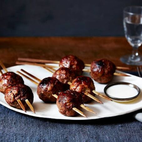 Grilled Veal Tsukune Meatballs With Ginger-Buttermilk Sauce