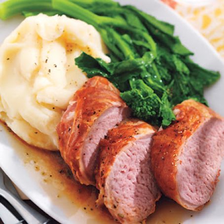 Pancetta-Wrapped Pork Tenderloin With Garlic Mashed Potatoes