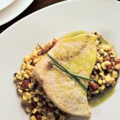 OIL POACHED SWORDFISH w/WHITE CORN