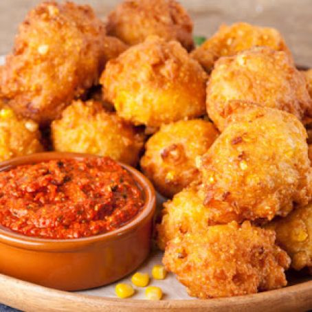 Crispy Corn Fritters with Roasted Red Pepper Pesto