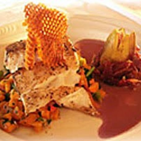 Pan-Roasted Halibut with Sweet Potato Hash, Serrano Wrapped Turkey Figs and Buerre Rouge