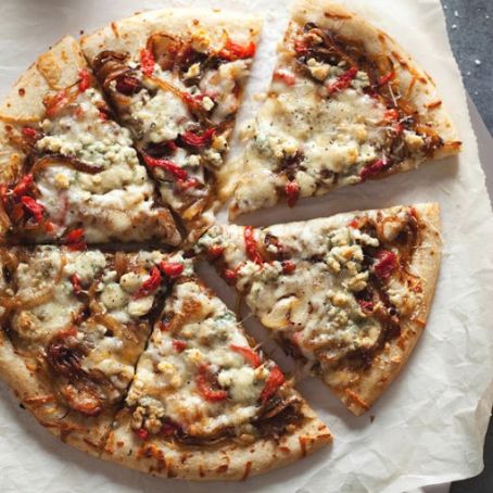 Three-Cheese Pizza with Caramelized Onions and Pimientos