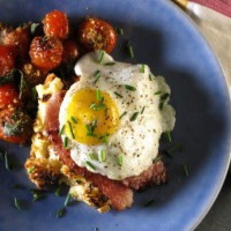 Croque Madame Bread Pudding with Herb-Crusted Tomatoes : Recipes : Cooking Channel