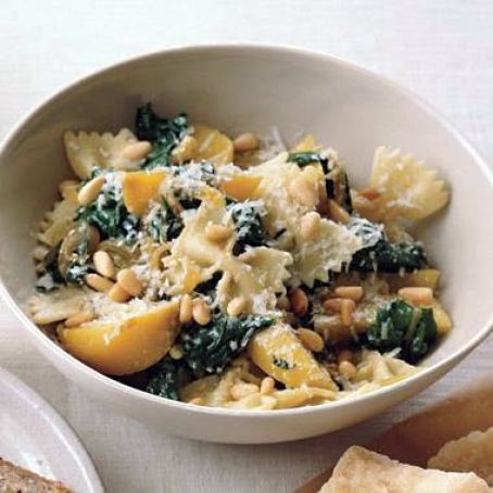 Farfalle with Golden Beets, Beet Greens and Pine Nuts
