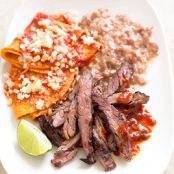 Folded Enchiladas with Carne Asada, Red Chile Salsa and Refried Beans