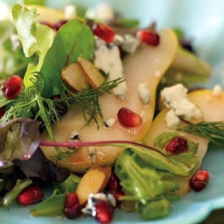 Pear Salad with POM Honey Dijon Dressing and Blue Cheese Crumbles
